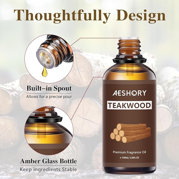 Teakwood Fragrance Oil 3.38FL.OZ - Aromatherapy Essential Oils for Diffusers for Home, Teakwood Scented Oils for Massage, Soap Candle Making Scents - 100ML - Bloomnest