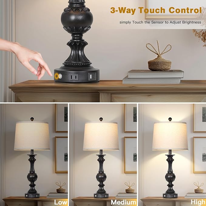 28" Black Farmhouse Table Lamps Set of 2, Rustic Lamps for Living Room with USB C+A Ports & AC Outlet, 3 Way Touch Control Bedroom Lamp, Retro Tall Bedside Lamp for Nightstand Side Table - Bloomnest