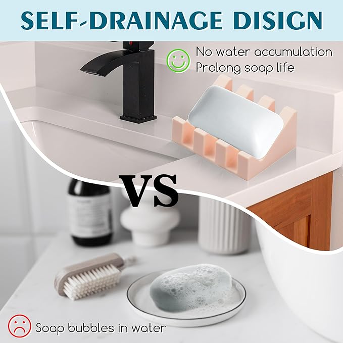 Silicone Soap Dish with Drain, Upgrade Double Suction Cups at The Bottom for Anti-Slip and Stability, Soap Dish Shower Waterfall Bar Soap Holder Tray with Drain Soap Holder (3, Pink) - Bloomnest