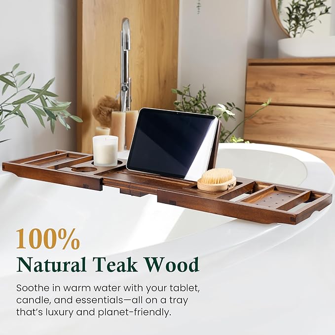 Teak Bathtub Tray, Bath Caddy with Wine Glass Holder, Phone Dock & Book Stand | Hands-Free Reading & Ultimate Spa Relaxation Experience-Brown - Bloomnest