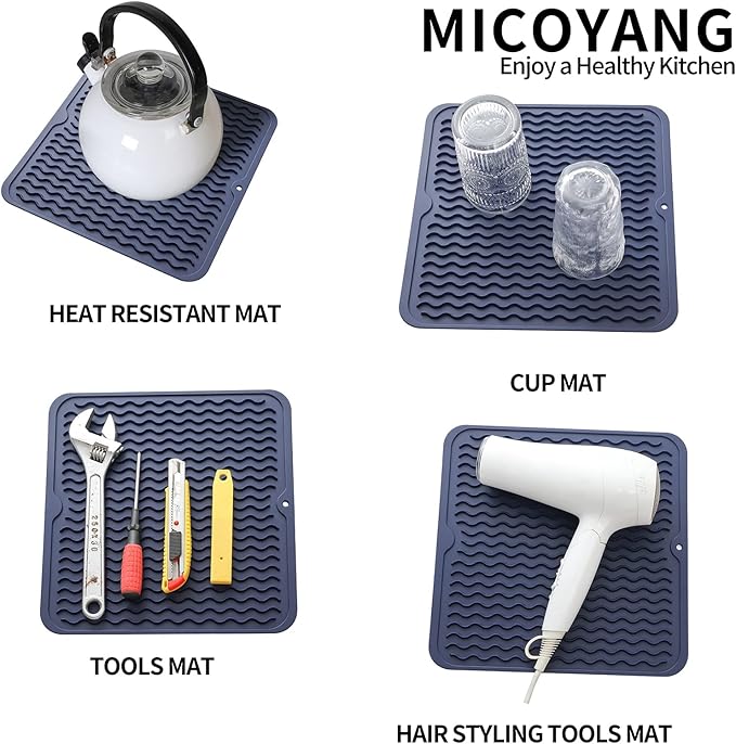 Silicone Dish Drying Mat for Multiple Usage,Easy clean,Eco-friendly,Heat-resistant Silicone Mat for Kitchen Counter or Sink,Refrigerator or Drawer liner Navy Blue M 12 inches x 12 inches - Bloomnest