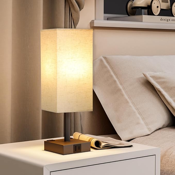 Touch Bedside Table Lamp for Nightstand - 3-Way Dimmable Night Lamp with USB A + Type C Charging Ports and Two AC Outlets, Small Desk Light with E26 LED Bulb for Bedroom Living Room Dorm, Beige - Bloomnest