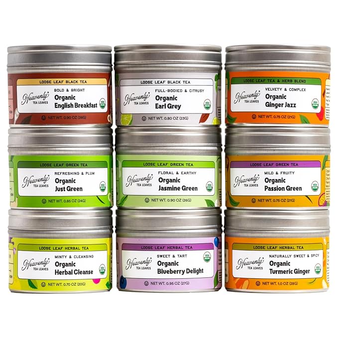 Heavenly Tea Leaves Organic 9 Loose Leaf Tea Sampler Gift Set (Approx. 90 Cups) | Assortment of Black Tea, Green Tea, Herbal Tea | High to No Caffeine | Great Hot or Iced | Premium Assorted Gift Box - Bloomnest