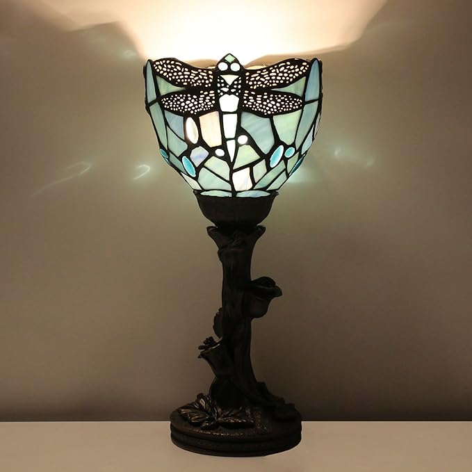 Small Tiffany Lamp Mini Stained Glass Table Lamp Blue Dragonfly Accent Desk Uplight W6 H13.5 Inch Bronze Resin Base - Bloomnest