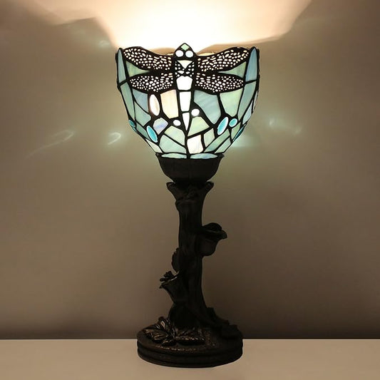 Small Tiffany Lamp Mini Stained Glass Table Lamp Blue Dragonfly Accent Desk Uplight W6 H13.5 Inch Bronze Resin Base - Bloomnest