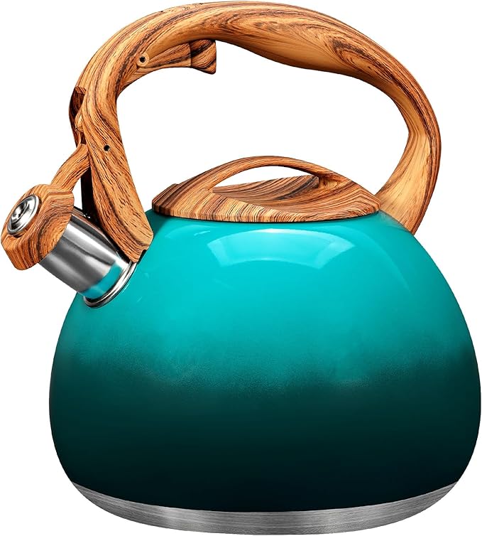 GGC Tea Kettle for Stove Top, 3.1QT/3L Whistling Tea Kettles for Boiling Water Coffee or Milk, Gradient Green Tea Pot with Wood Parttern Handle, Stainless Steel Tea Pot for Home and Kitchen - Bloomnest