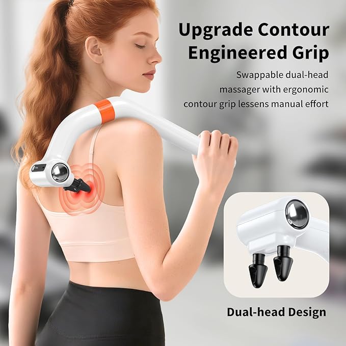 Dual-Head Massage Gun Deep Tissue with 3-in-1 Detachable Extension Handle, Handheld Percussion Back Massager for Muscle Neck Shoulder Body Pain Relief - 6 Speeds Levels (White) - Bloomnest