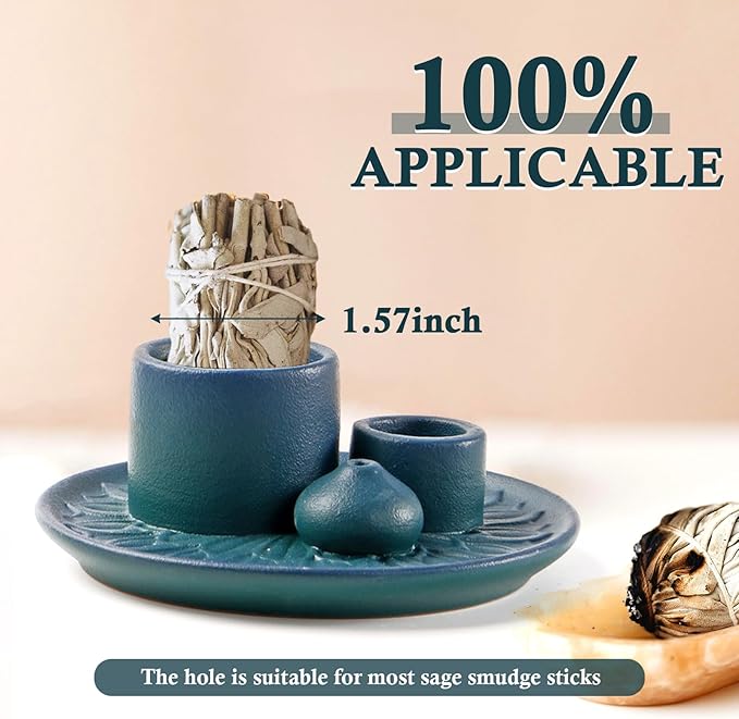 4 in 1 Ceramic Incense Holder, Palo Santo Stick Holder, Sage Holder for Burning, 5.2" Ash Catcher Tray for Meditation, Yoga & Home Decor (Blue)