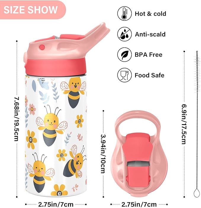 Funny Bee Honey Kids Insulated Water Bottle, Toddlers Tumbler Travel Cup with Straw & Handle Stainless Steel Cup for Travel School Girls 12 oz - Bloomnest