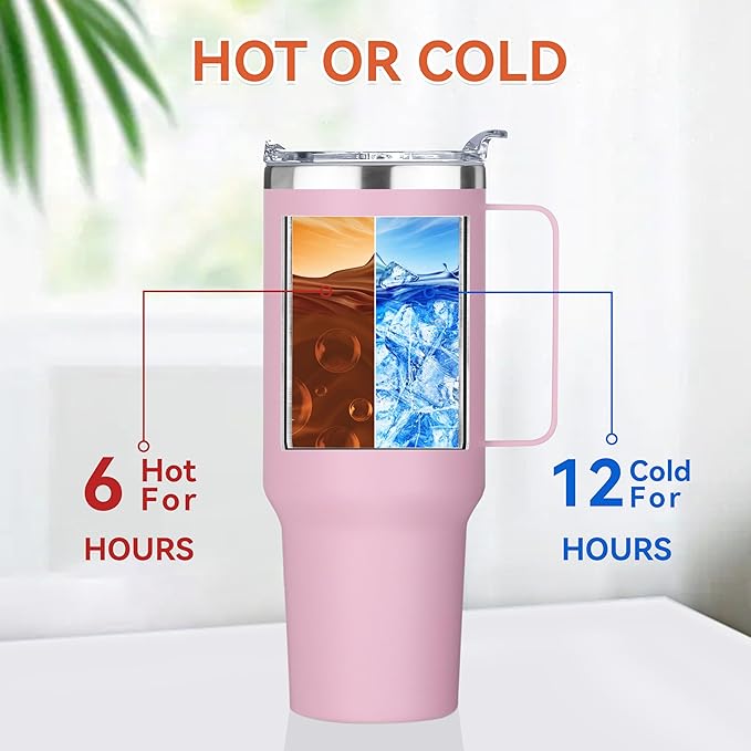 HASLE OUTFITTERS 40 oz Stainless Steel Tumbler with Handle, Vacuum Insulated Tumblers Bulk, Reusable Double Wall Travel Coffee Mug, Durable Powder Coated Water Bottle(Pink, 1) - Bloomnest