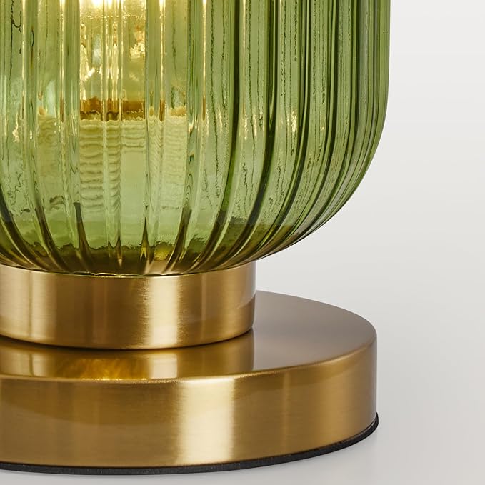 Mid Century Modern Table Lamp: Vintage Green Ribbed Glass Globe Dimmable Plug in Small Bedside Lamps - Cute Brass Gold Side Table Lamp Nightstand Light for Bedroom Entryway Office Desk Living Room - Bloomnest
