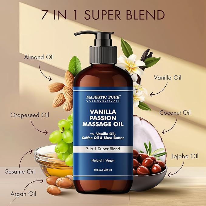 MAJESTIC PURE Vanilla Passion Massage Oil for Massage Therapy - Refreshing, and Relaxing - Natural Oils with Vanilla Oil, Coffee Oil & Shea Butter - for All Skin Types - Men and Women - 8 fl oz - Bloomnest