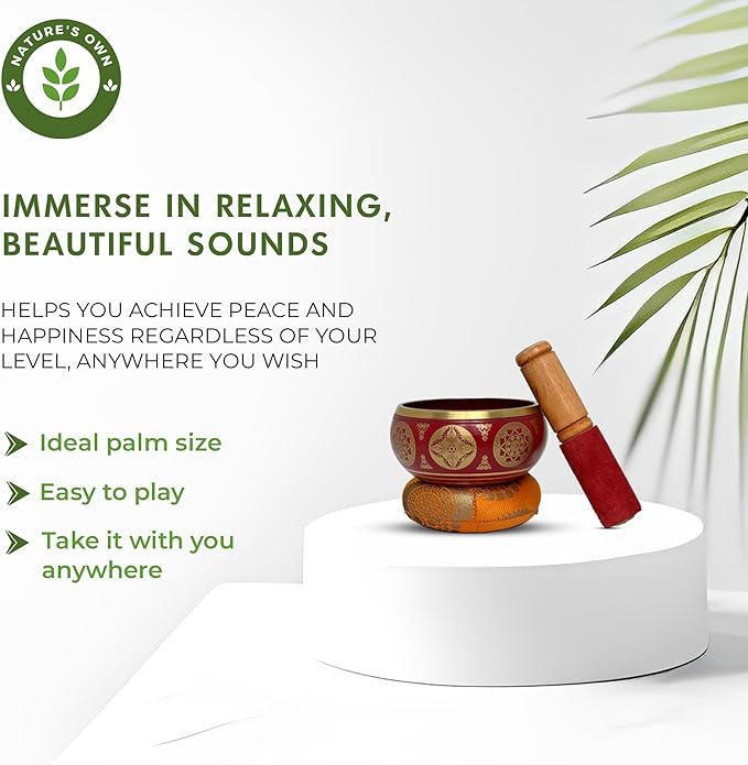 Nature's Own Tibetan Singing Bowl Set- Easy to Play- Meditation Sound Bowl Handcrafted in Nepal for Yoga, Mindfulness, Chakra Healing, Stress Relief- Spiritual Gifts for Women and Men (3.5 Inch, Red) - Bloomnest