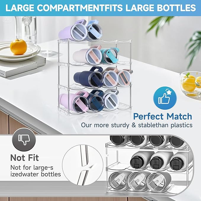 Larger Water Bottle Organizer for Stanley 40 oz Tumbler, Stackable Water Bottle Holder Rack for Cabinet, Kitchen Storage Organizer for for Stanley Cup Accessories, Tumbler Storage Holder，4 Pack Amoot