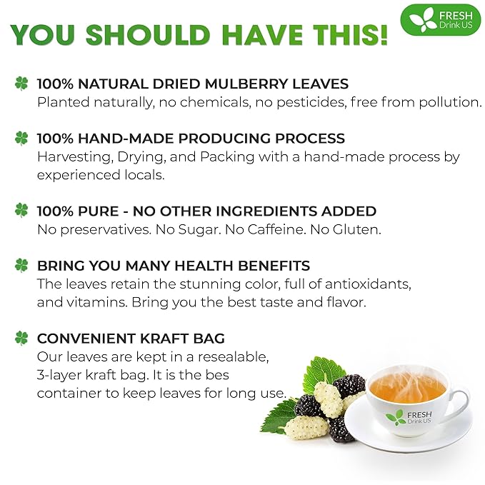 FreshDrinkUS, Permium 8oz Mulberry Leaves, 100% Natural & Pure from Mulberry Leaves, Mulberry Leaf Tea, Mulberry Loose Leaf Herbal Tea, No Additives, No Caffeine, Vegan - Bloomnest