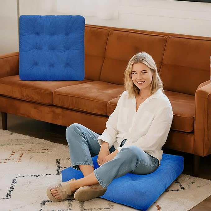 Meditation Floor Pillow Set of 2, Square Large Pillows Seating for Adults, Tufted Corduroy Cushion for Tatami Living Room, 22x22 Inch FP-Dblue