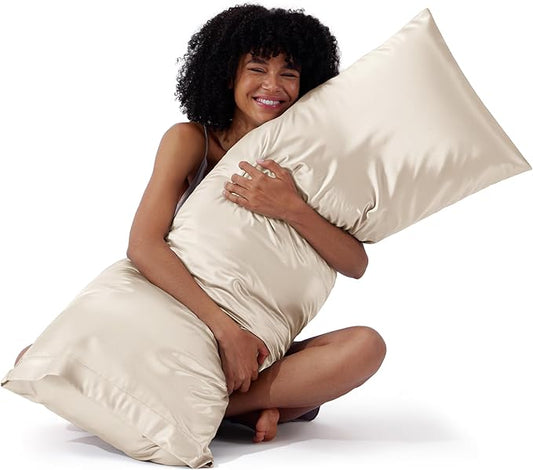 Bedsure Body Pillow Cover 20x54 Inches - Beige Satin Similar to Silk Pillowcase for Hair and Skin, Cooling and Silky Long Body Pillow Pillowcase with Envelope Closure, Gifts for Women Men - Bloomnest