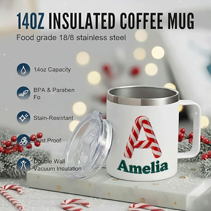 Personalized Christmas Insulated Coffee Mug with Handle – Custom Candy Cane Double Wall Stainless Steel Travel Tumbler for Drinks – Unique Holiday Gift for Men, Women, & Kids (B112) - Bloomnest