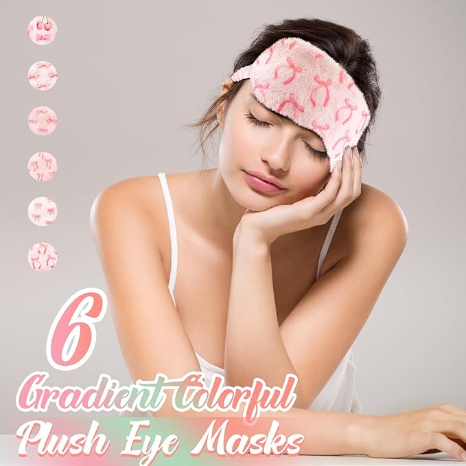 Cuffbow 6 Pcs Plush Sleep Eye Mask Silk Furry Eye Covers for Sleeping Cute Sleep Mask Fluffy Comfortable Sleeping Blindfold for Travel Sleepover Nap Party Supply Girls Women(Bow,Pink) - Bloomnest