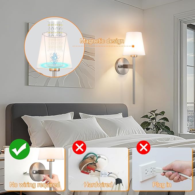 Battery Operated Wall Sconces Set Of 2, Wireless Battery Wall Light With 10000mAh RGB Rechargeable Magnetic Bulb, Rechargeable Wall Sconce With Remote Control For Bedroom, No Electrician Required - Bloomnest