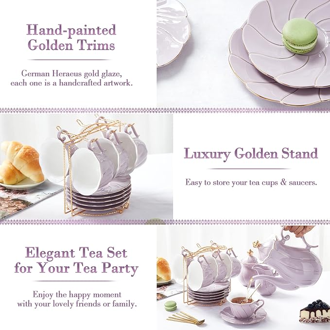 DUJUST 22 pcs Porcelain Tea Set for 6, Luxury British Style Tea/Coffee Cup Set with Golden Trim, Beautiful Tea Set for Women, Tea Party Set, Gift Package (With a Stand) - Purple - Bloomnest