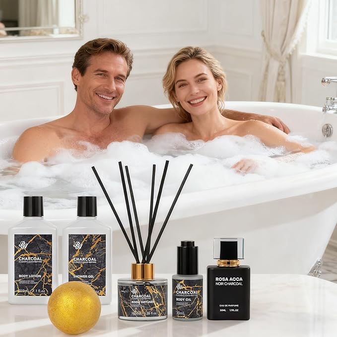 35 Pcs Valentines Day Gifts for Women & Men, Charcoal Bath & Body Gift Basket, Face Skin Care Kit, Self-Care Gift, Diffuser, Shower Gel, Massage Oil, Bath Bomb, Birthday, Christmas, Mother, Husband - Bloomnest
