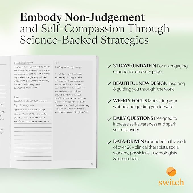 Switch Research Mindful Planner (Non-Judgement) - Evidence-Based Life Organizer - 31-Day Goal Planner to for Non-Judgement & Self-Compassion - Daily planner With Prompts - Bloomnest