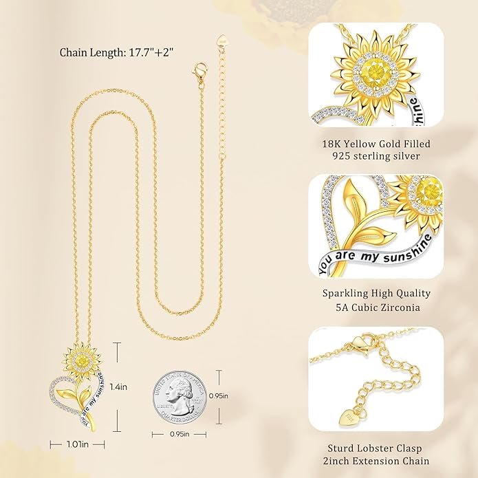 Valentine's Day Gift for Her-18k Gold Plated Sunflower Necklace for Women Wife Anniversary Birthday Gifts for Wife Her You Are My Sunshine Pendant Necklaces Gold Jewelry Gifts for Girlfriend Mom - Bloomnest
