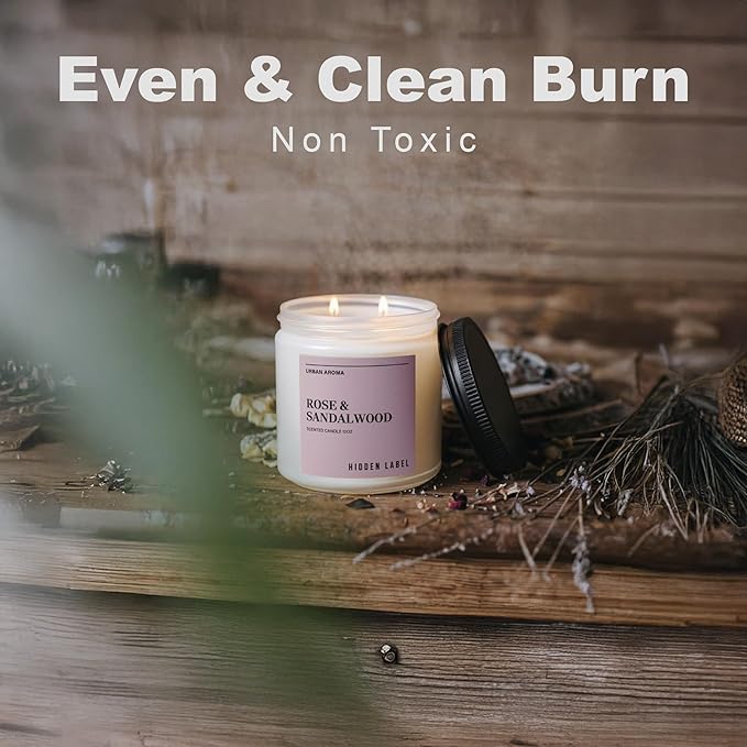 Hidden Label Rose & Sandalwood Scented Candle, 12oz 2 Wick Natural Soy Non Toxic Candles, Clean Burning Long Lasting Aromatherapy for Home | Gifts | Décor,Premium Scents for Relaxation & Stress Relief - Bloomnest