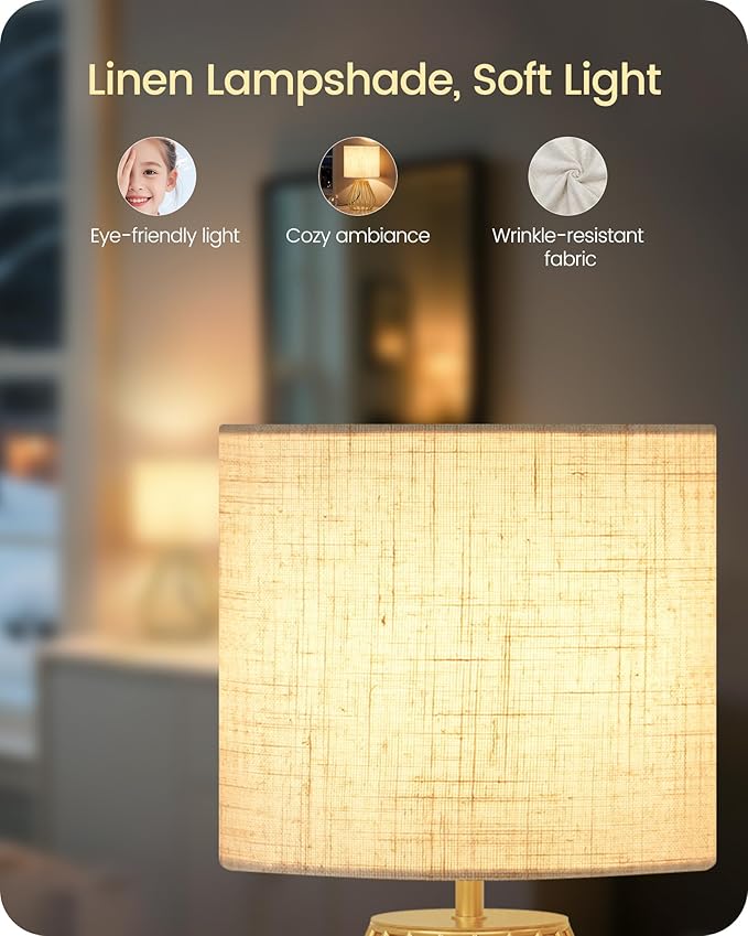 Gold Bedside Table Lamp, 12.6'' Small Table Lamp with Beige Linen Lampshade & Gold Teardrop Cage, Modern Little Cute Desk Lamp for Bedroom, Living Room, 2700K LED Bulb Included DE06TL05 - Bloomnest