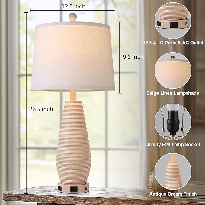Farmhouse Table Lamps Set of 2 with USB C+A Ports and AC Outlet, 3 Way Touch Rustic Bedside Lamps for Living Room, 26.5" Cream Vintage Lamps for Bedroom Nightstand - Bloomnest