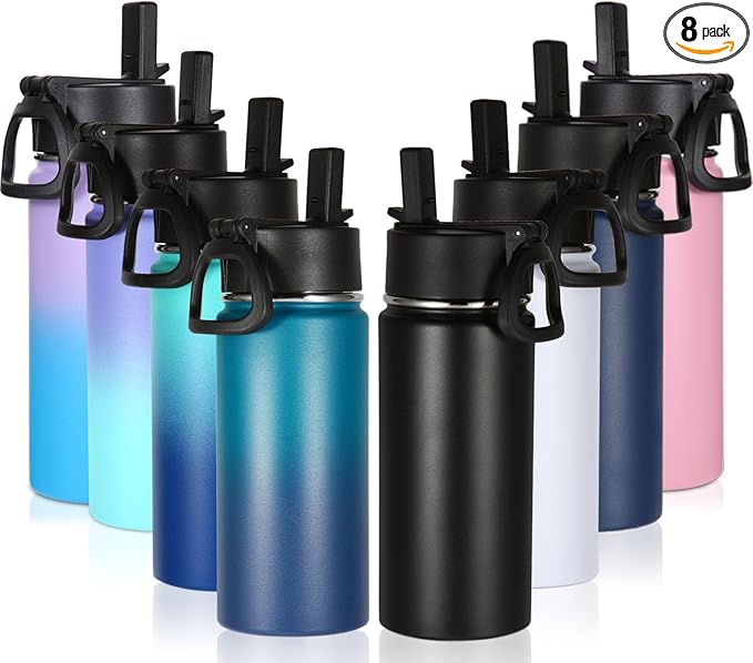 Volhoply 16 OZ Kids Water Bottle Bulk 8 Pack,Insulated Sports Bottles with Straw Lid,Stainless Steel Bottle with Handle Keep Cold & Hot,Double Wall Vacuum Tumbler Cups for School(Eight Color, 8) - Bloomnest