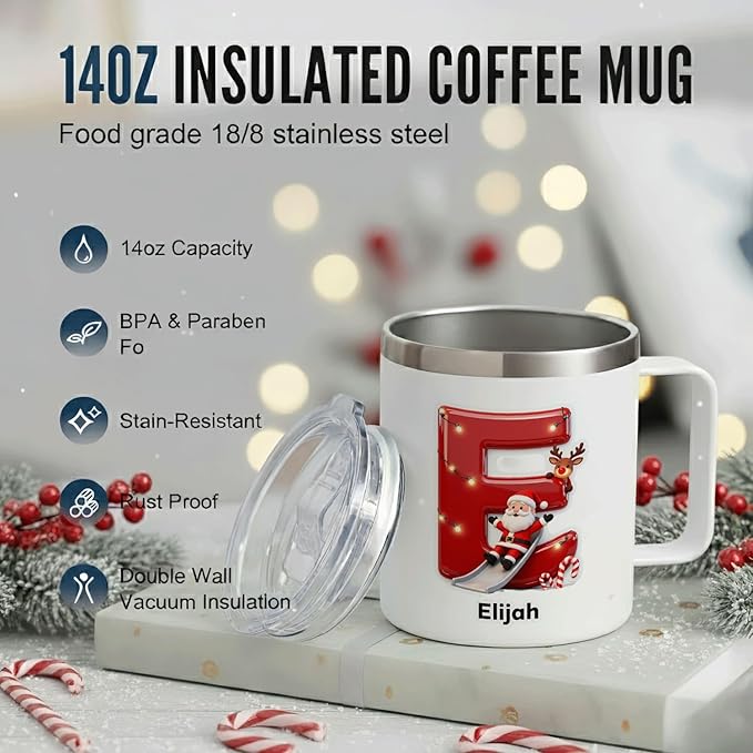 Personalized Christmas Insulated Coffee Mug with Handle – Custom Initial Letter [C] Double Wall Stainless Steel Travel Tumbler for Hot & Cold Drinks – Holiday Gift for Men,Women,&Kids(B113) - Bloomnest