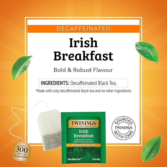 Twinings Decaffeinated Irish Breakfast Black Tea Individually Wrapped Bags, 20 Count (Pack of 1), Flavourful, Robust, Enjoy Hot or Iced, 20 Teabags - Bloomnest