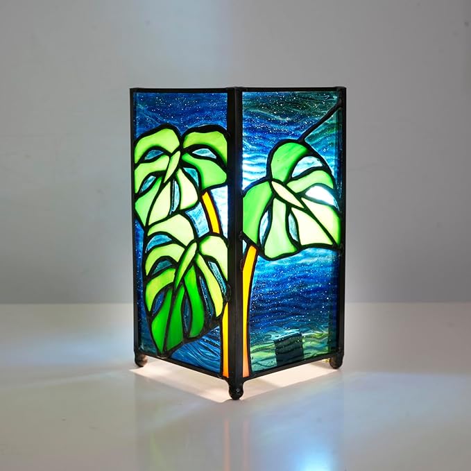 Tiffany Small Lamp Monstera Deliciosa Stained Glass Table Lamp Monstera Swiss Cheese Plant Mini Retro Accent Night Light for Home Decor Boys Girls Gifts - Bloomnest