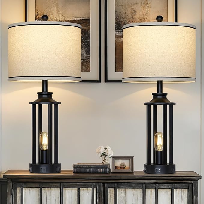 27.5" Black Farmhouse Table Lamps Set of 2, Tall Vintage Lamps for Living Room with USB A+C Charging Ports & AC Outlet, Rustic Bedside Lamp with Night Light, Bedroom Lamp for Nightstand Side End Table - Bloomnest