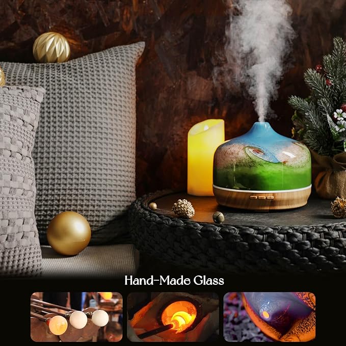 Porseme 500ml Glass Essential Oil Diffuser Aromatherapy Ultrasonic Cool Mist Humidifier 15-21 Running Hours Waterless Auto-Off Air Diffusers for Sleeping Yoga Office Working Spa and Rest (Blue Grass) - Bloomnest