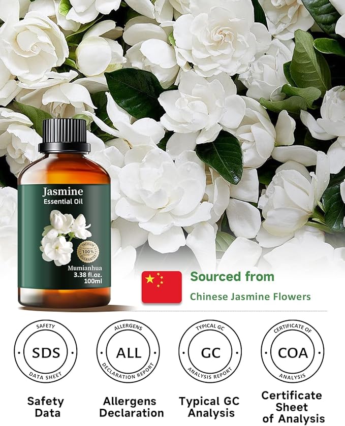 Pure Jasmine Essential Oil,Mumianhua Natural Jasmine Oil for Diffuser, Evening Atmosphere, Floral Bliss, Diffusion, Aromatherapy, Cleaning, Skin, Hair, Massages,Perfume, Candle Making 3.38 Fl Oz - Bloomnest