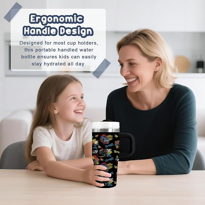 Monster Truck Tumbler Gifts for Boys - 14 oz Kids Tumbler with Handle & Lid, Stainless Steel Insulated Travel Mug, Featuring Monster Truck Designs, for School, Travel, Children's Birthday Gift (1pc) - Bloomnest