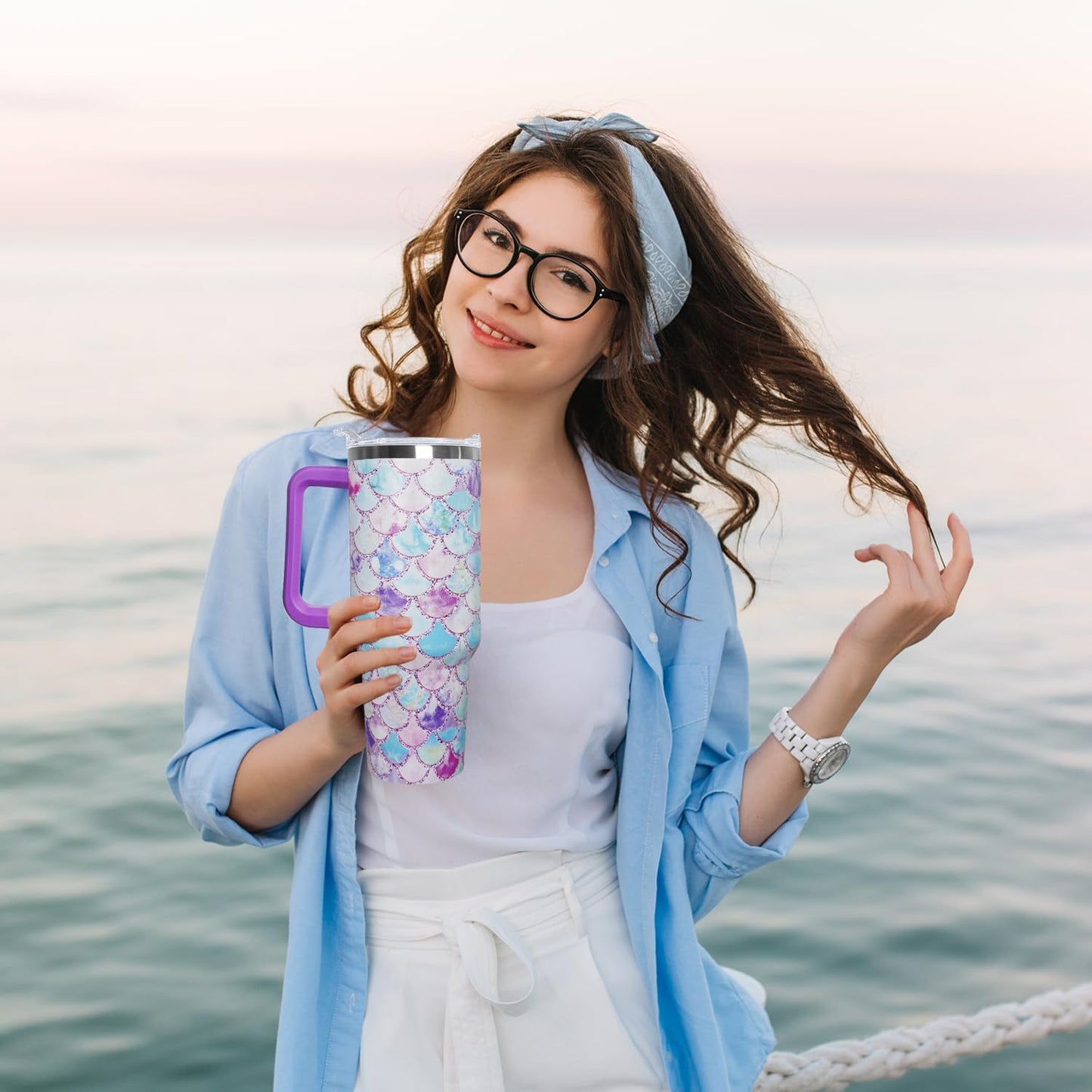 Ceovfoi 40 Oz Double Wall Vacuum Stainless Steel Tumbler with Handle Lid and Straw, Ocean Mermaid Watercolor Cup, Travel Coffee Mug, Hawaiian Decor, Accessories