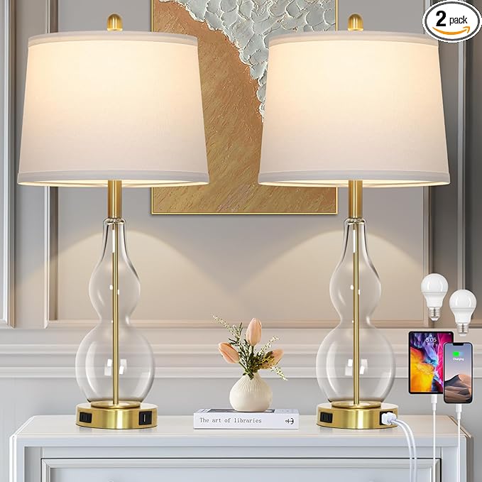 27.5" Clear Glass Table Lamp Set of 2,3-Way Dimmable Touch Control Bedside Lamps with USB Ports and AC Outlet, Modern Nightstand Lamps Gold lamp for Bedroom Living Room - Bloomnest