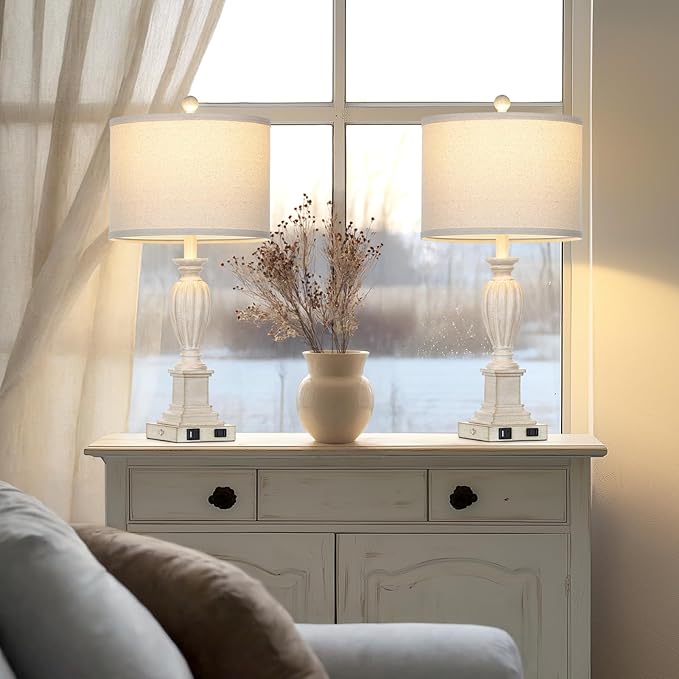 27" Farmhouse Table Lamps Set of 2 with USB C+A Ports & AC Outlet for Vintage Living Room Retro Bedroom,3-Way Dimmable Touch Lamp Resin Bedside Lamps for Nightstand Side End Table,Cream - Bloomnest