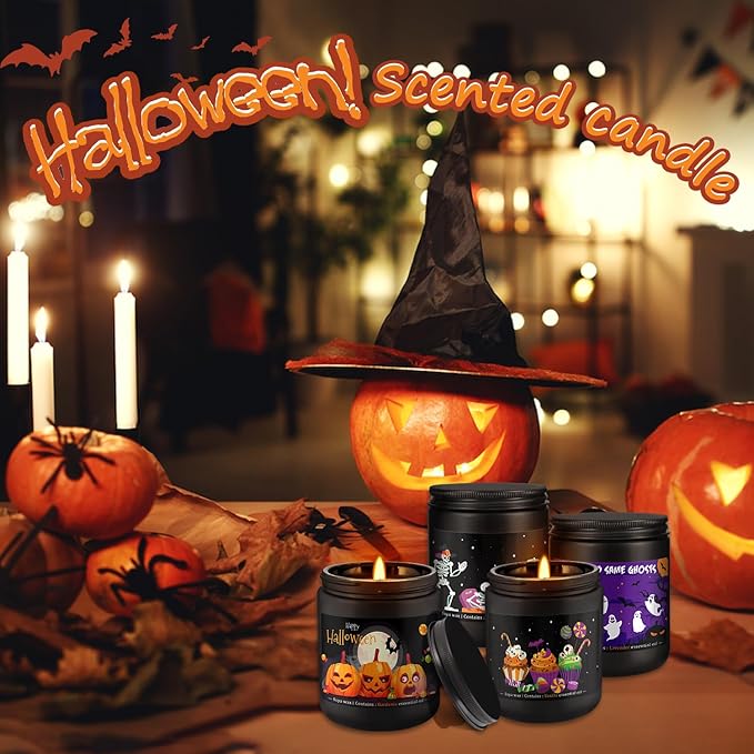 Halloween Scented Candles Set of 4 (7oz Each) – Spooky Aromatherapy Soy Wax Candles with Bat & Ghost Designs, Smokeless for All Saints' Day, Home Decor & Festive Gifts - Bloomnest