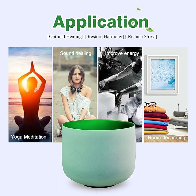 RYAN DVAN 432 hz 8” F Note Green Frosted Heart Chakra Crystal Singing Bowl with Free Heavy-Duty Carrying Case and Suede Striker O-Ring - Bloomnest