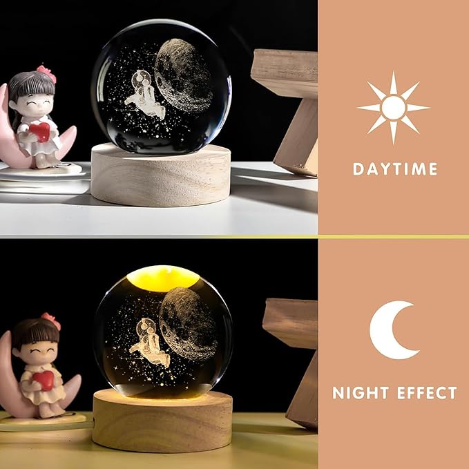 Astronaut Crystal Ball with LED Light Base, 60mm Glass Sphere Decorative Balls, Universe Space Galaxy Lamp Gifts - Bloomnest
