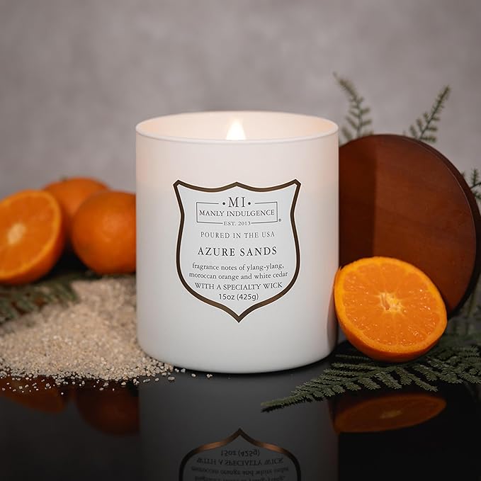 Manly Indulgence Azure Sands Scented Candles for Men, 15 oz Wooden Wick, Premium Soy Blend Wax, 60H Burn, Candles for Home Scented - Made in The USA - Bloomnest