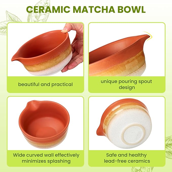 Matcha Whisk Set, Ceramic Matcha Set Desert Series, Matcha Bowl, Matcha Whisk and Holder, Bamboo Scoop, Scoop Rest, Sifter and Tea Towel 7 Pcs Matcha Kit for Birthday Christmas Gift (Matte Soil) - Bloomnest