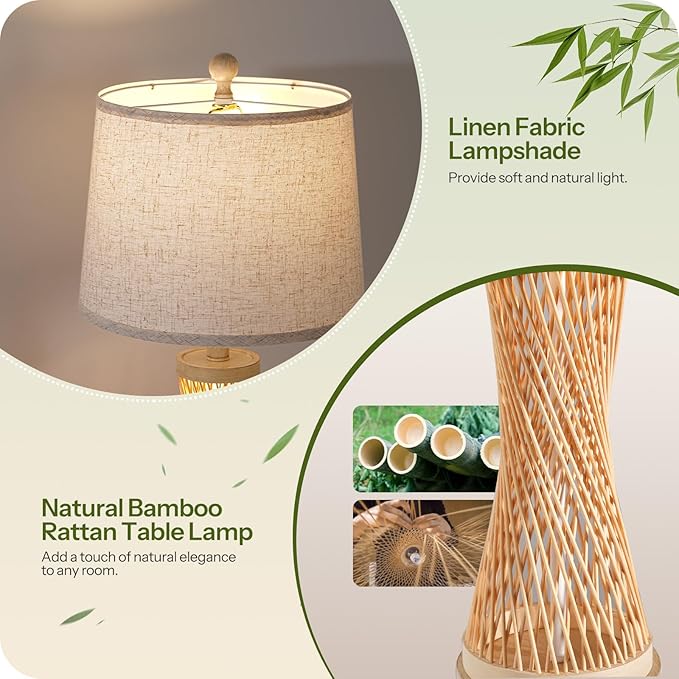 24.4” Farmhouse Rattan Table Lamps Set of 2, Touch Bedside Lamps for Bedroom with 3-Way Dimmable Night Light, USB A+C Charging Ports, Bamboo Boho Nightstand Lamp with Beige Linen Shade H04TL05 - Bloomnest
