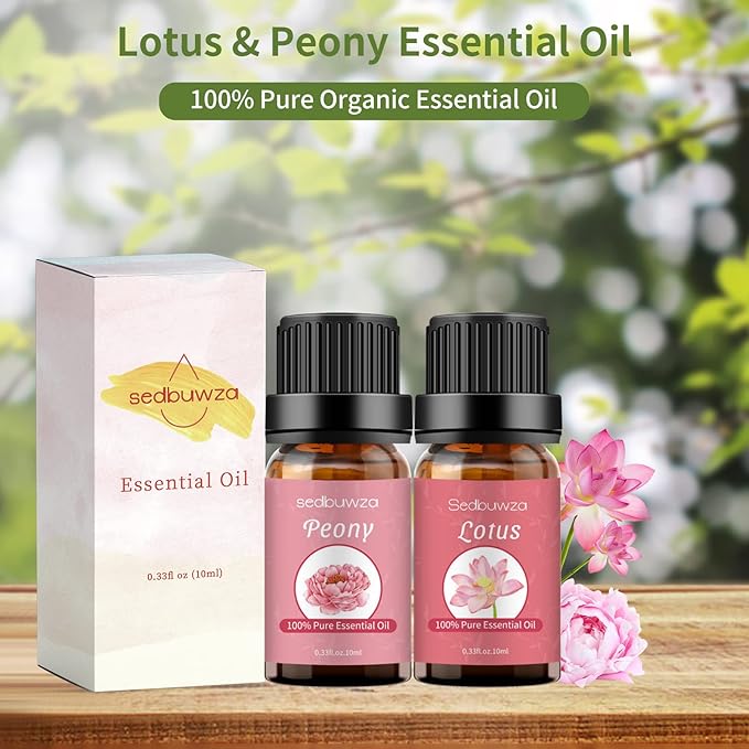 Sedbuwza Peony Lotus Essential Oil Set, Peony Fragrance Oil Lotus Scent Oil Set for Diffuser, Aromatherapy, Massage, Soap, Candle Making 2 x 10 ml Sedbuwza