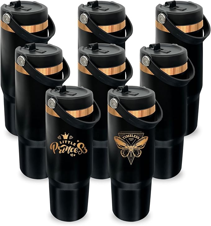 30 oz Tumbler with Handle, Double Wall Vacuum Insulated Tumblers with Flip Straw, Coffee Mug 30oz Powder Coated Cup for Hot and Cold Drinks(Copper Plated, Black,8 pack)